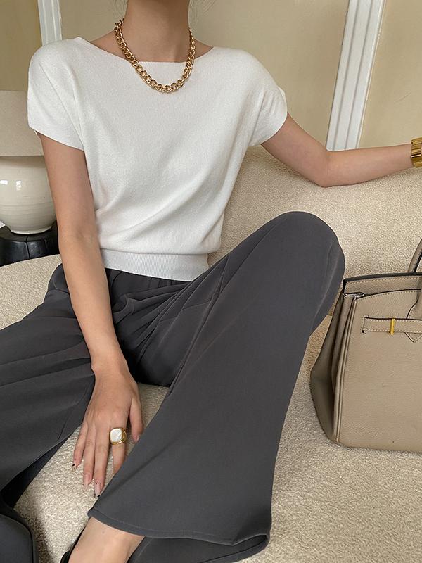 Stylish Loose Solid Color Boat Neck Knitwear Pullovers Tops Product Image