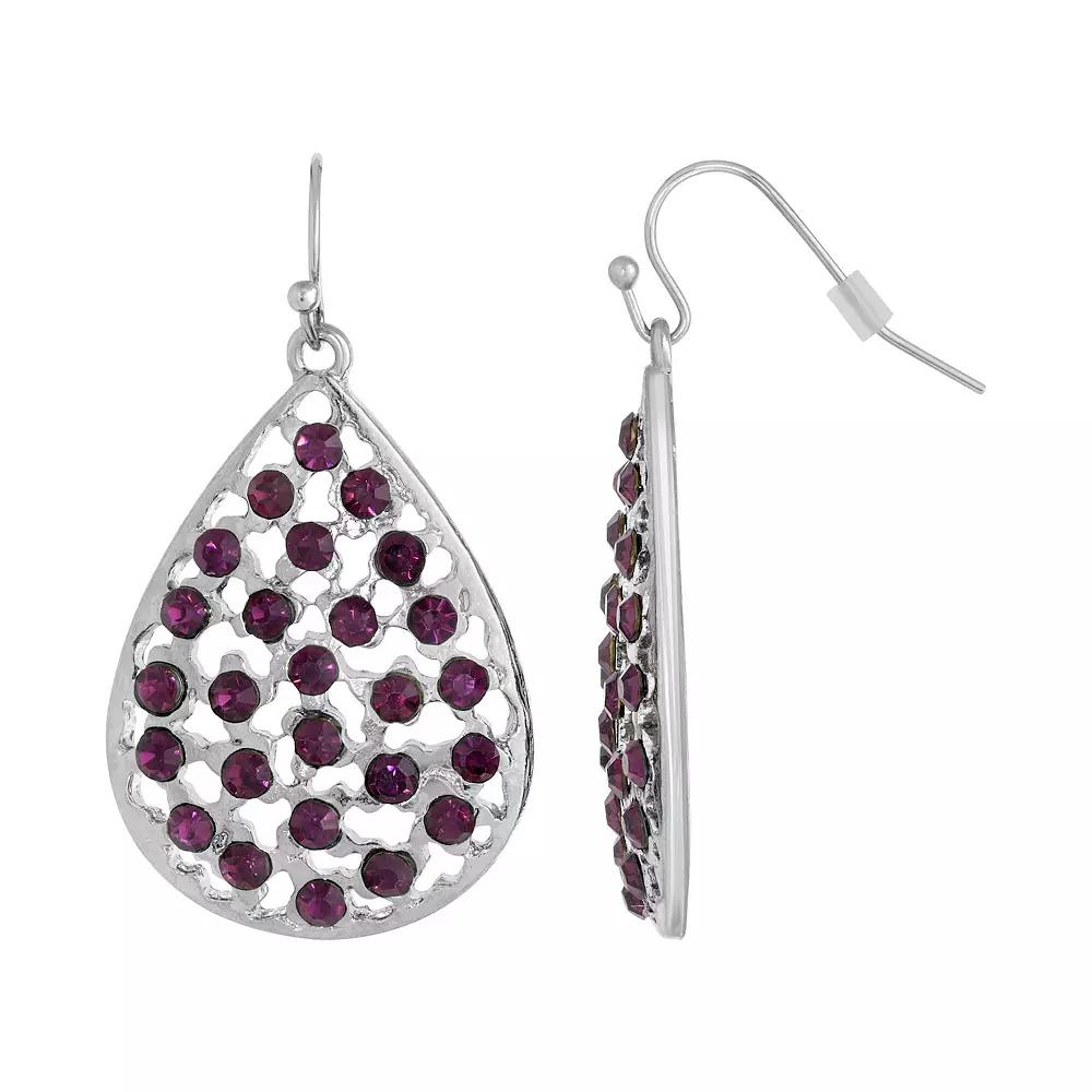 1928 Silver Tone Purple Filigree Teardrop Earrings, Womens Product Image