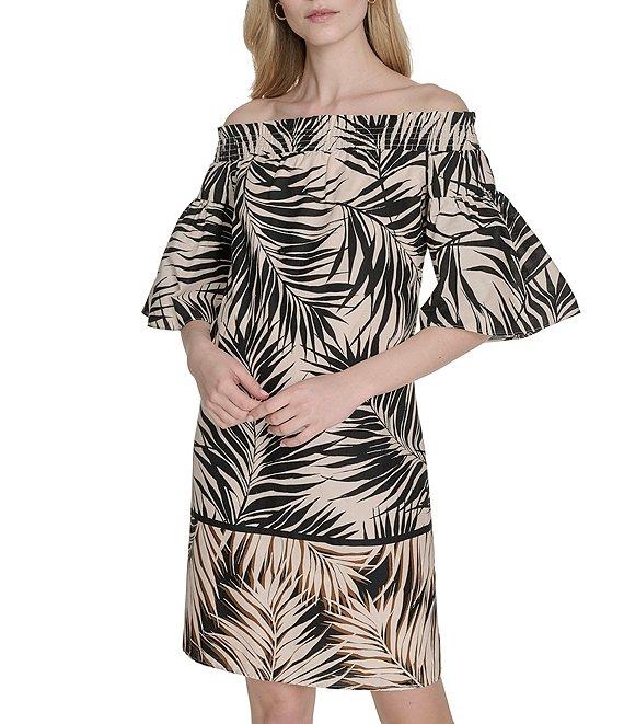 Vince Camuto Leaf Printed Poplin Off-The-Shoulder Short Sleeve Shift Dress Product Image