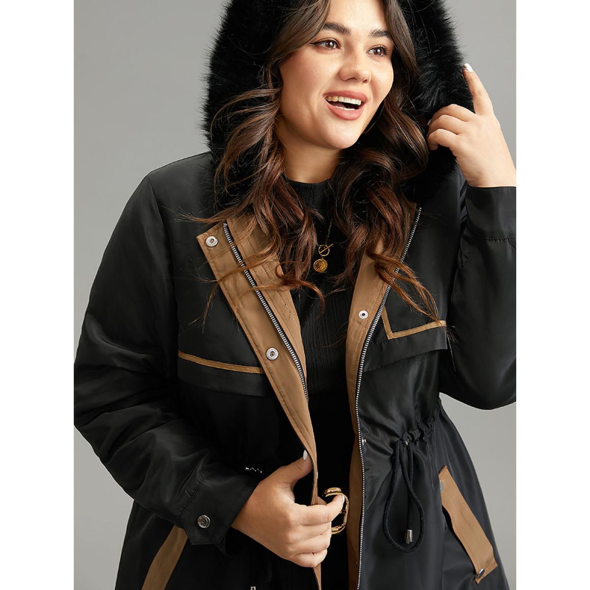 Plus Size Contrast Drawstring Patchwork Zipper Fuzzy Trim Coat Women Black Casual Lined Ladies Dailywear Winter Coats BloomChic 28/5X Product Image