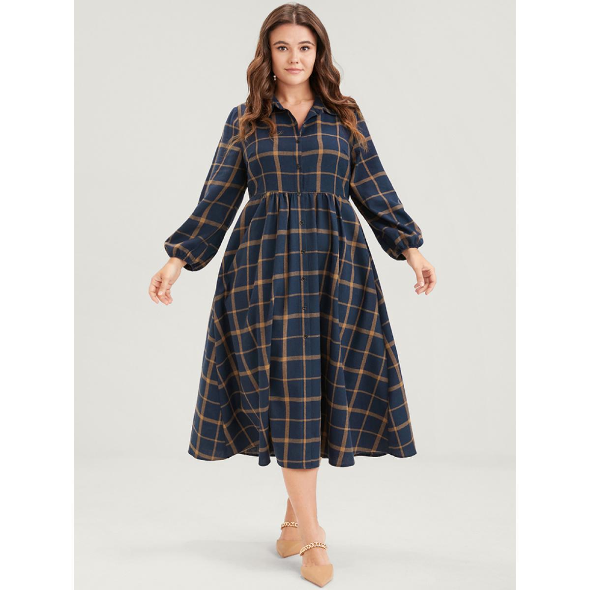 Plus Size Plaid Button Up Pocket Shirt Collar Flutter Hem Dress Without Belt DarkBlue Women Office Slit Shirt collar Long Sleeve Curvy Midi Dress BloomChic 14-16/1X Product Image