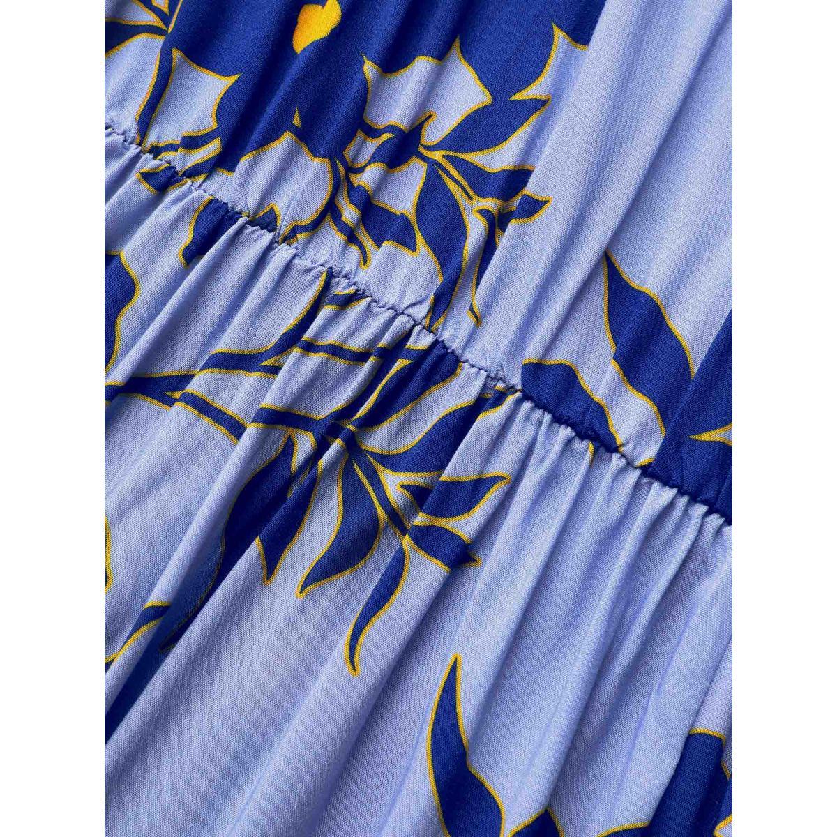 Plus Size Square Neck Floral Patchwork Ruffle Hem Dress Skyblue Women Elegant Non Square Neck Long Sleeve Curvy BloomChic 10/M Product Image