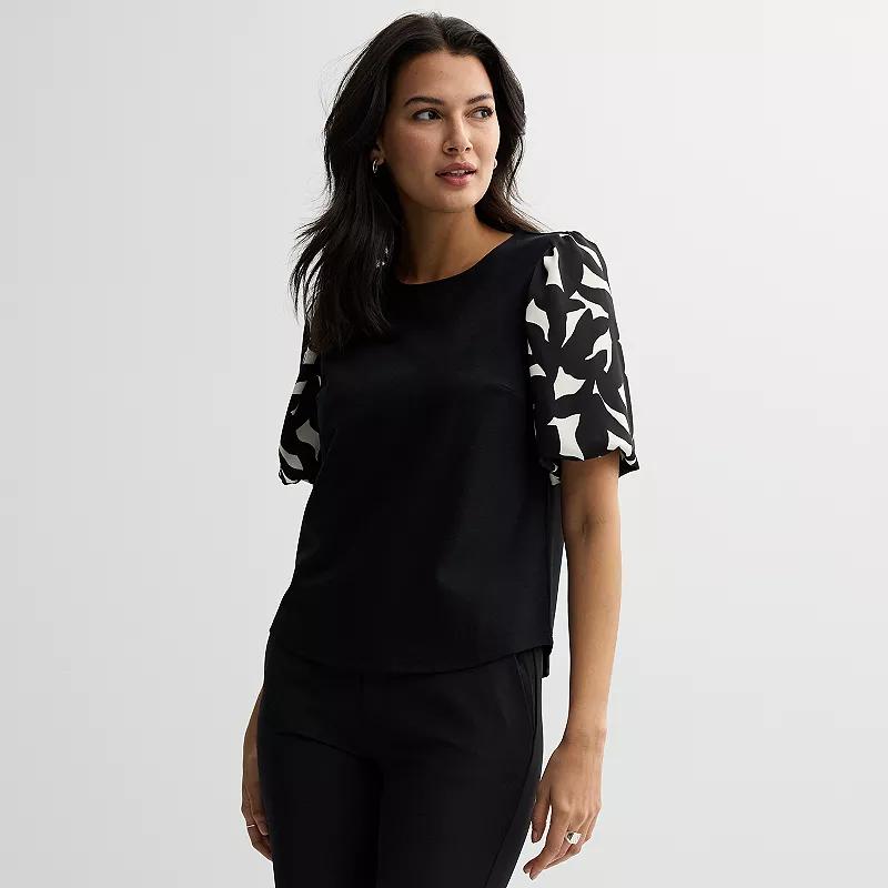 Petite Nine West Ponte Puff Sleeve Top, Women's, Size: XS Petite, Black Bold Leaf Product Image