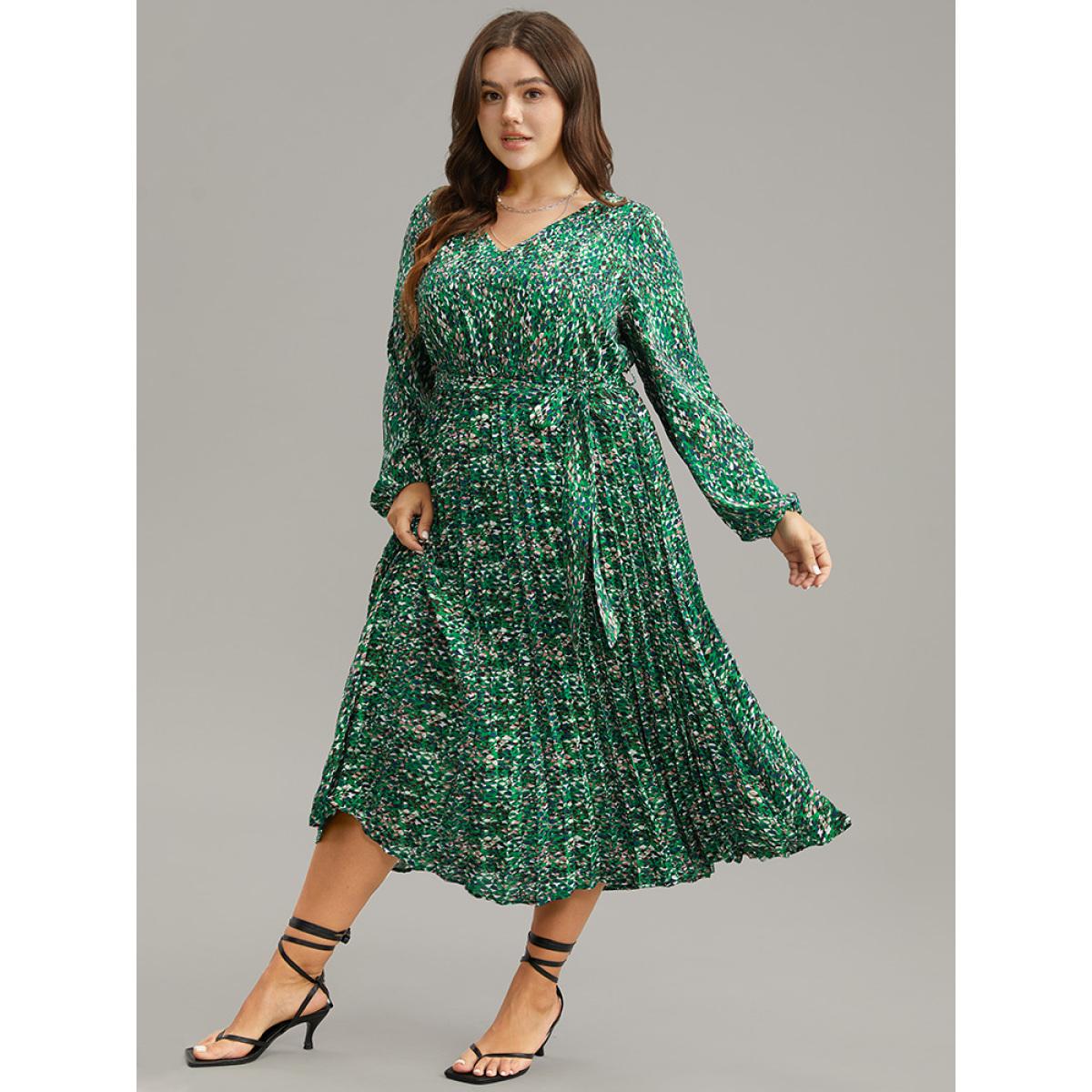 Plus Size Ditsy Floral Belted Pleated Dress Cyan Women Glamour Belted V-neck Long Sleeve Curvy Midi Dress BloomChic 22-24/3X Product Image