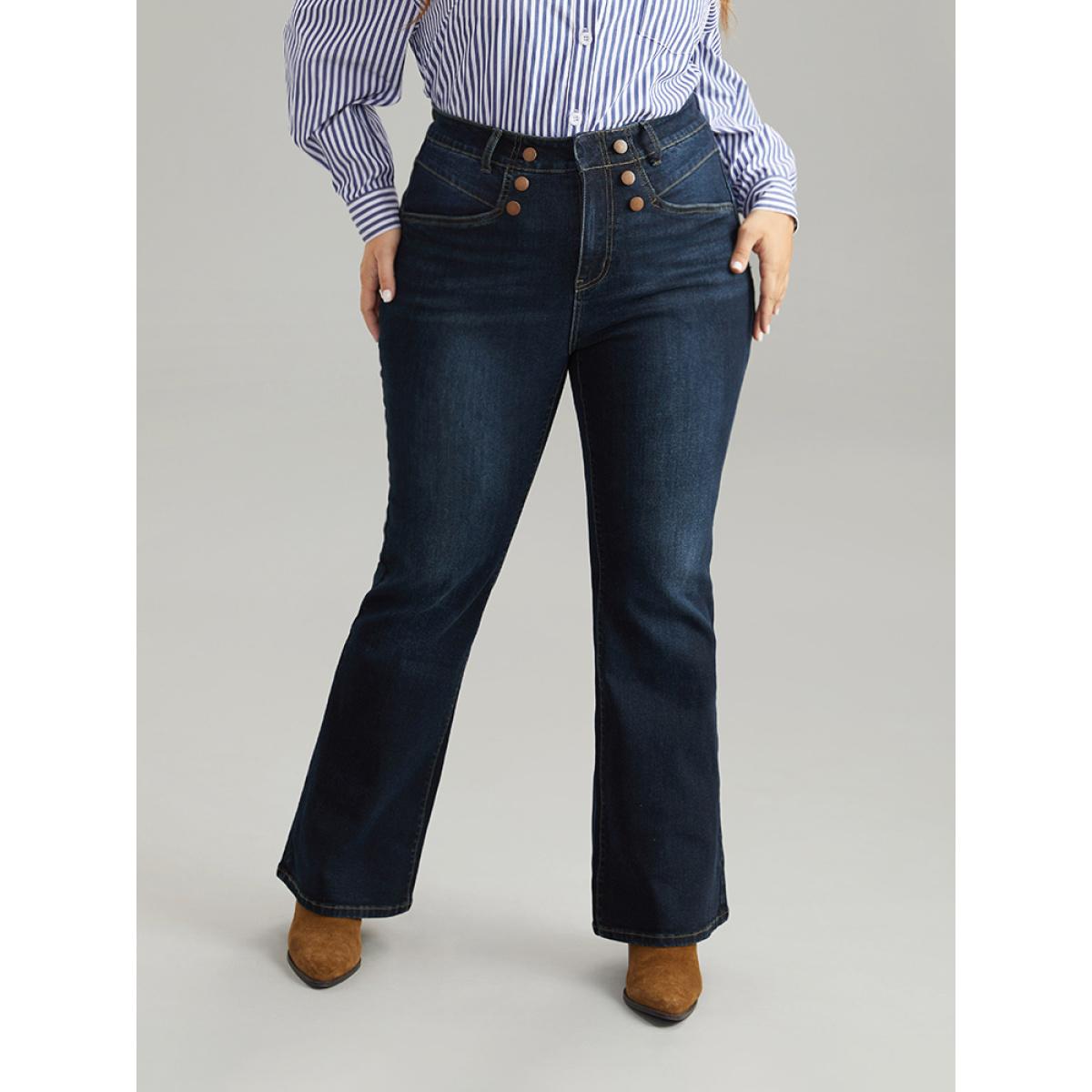 Plus Size Flare Leg Button Detail High Rise Jeans Women Indigo Casual Plain Non High stretch Slanted pocket Jeans BloomChic 24/3X Product Image