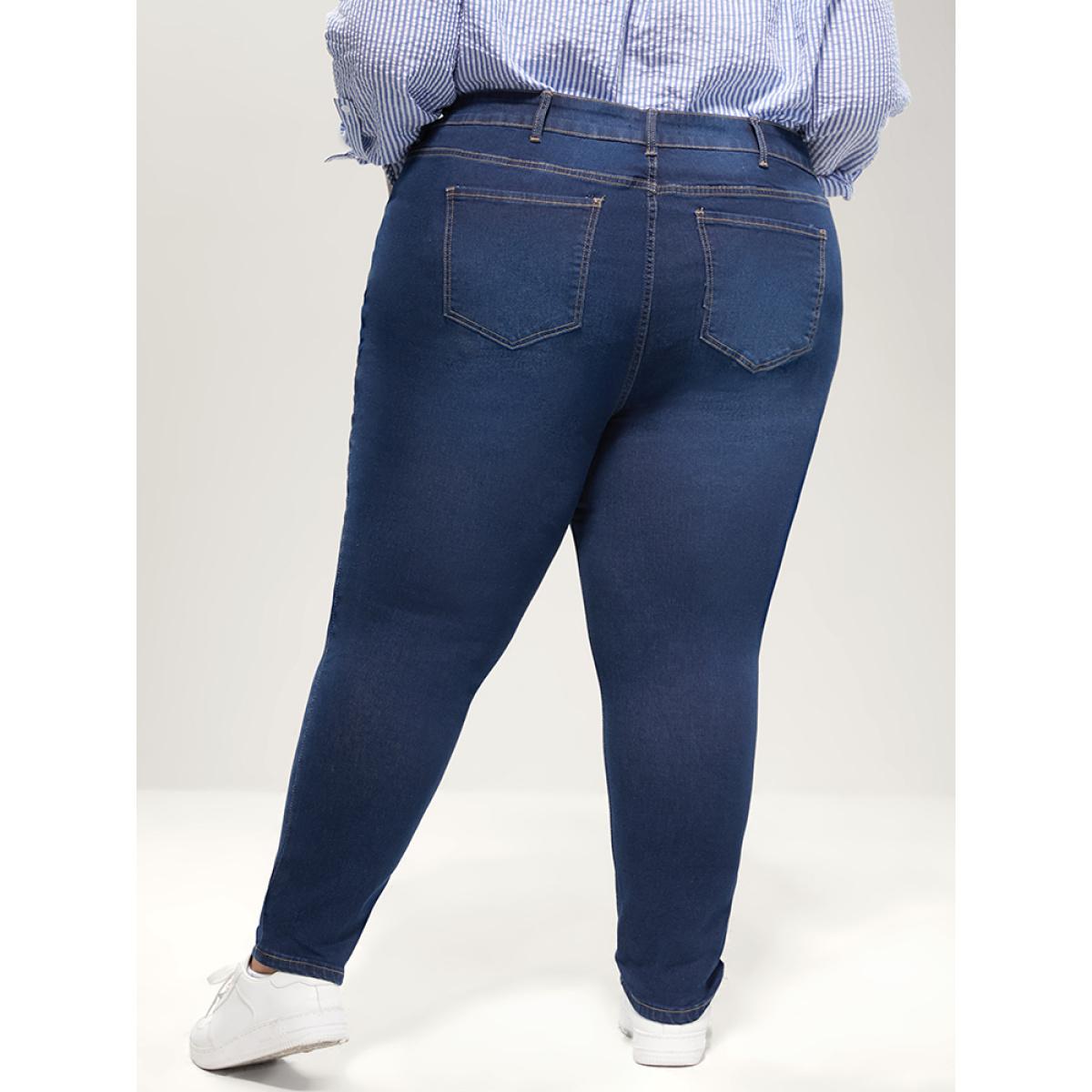 Plus Size Skinny Extremely Stretchy High Rise Dark Wash Distressed Jeans Women Blue Casual Plain Distressed High stretch Pocket Jeans BloomChic 24/3X Product Image