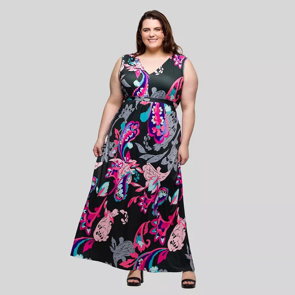 Plus Size 24Seven Comfort Apparel V-Neck Empire Waist Sleeveless Maxi Dress, Women's, Size: 1XL, Pink Team Product Image