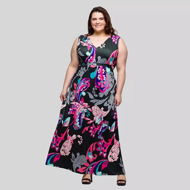 Plus Size 24Seven Comfort Apparel V-Neck Empire Waist Sleeveless Maxi Dress, Women's, Size: 1XL, Pink Team Product Image