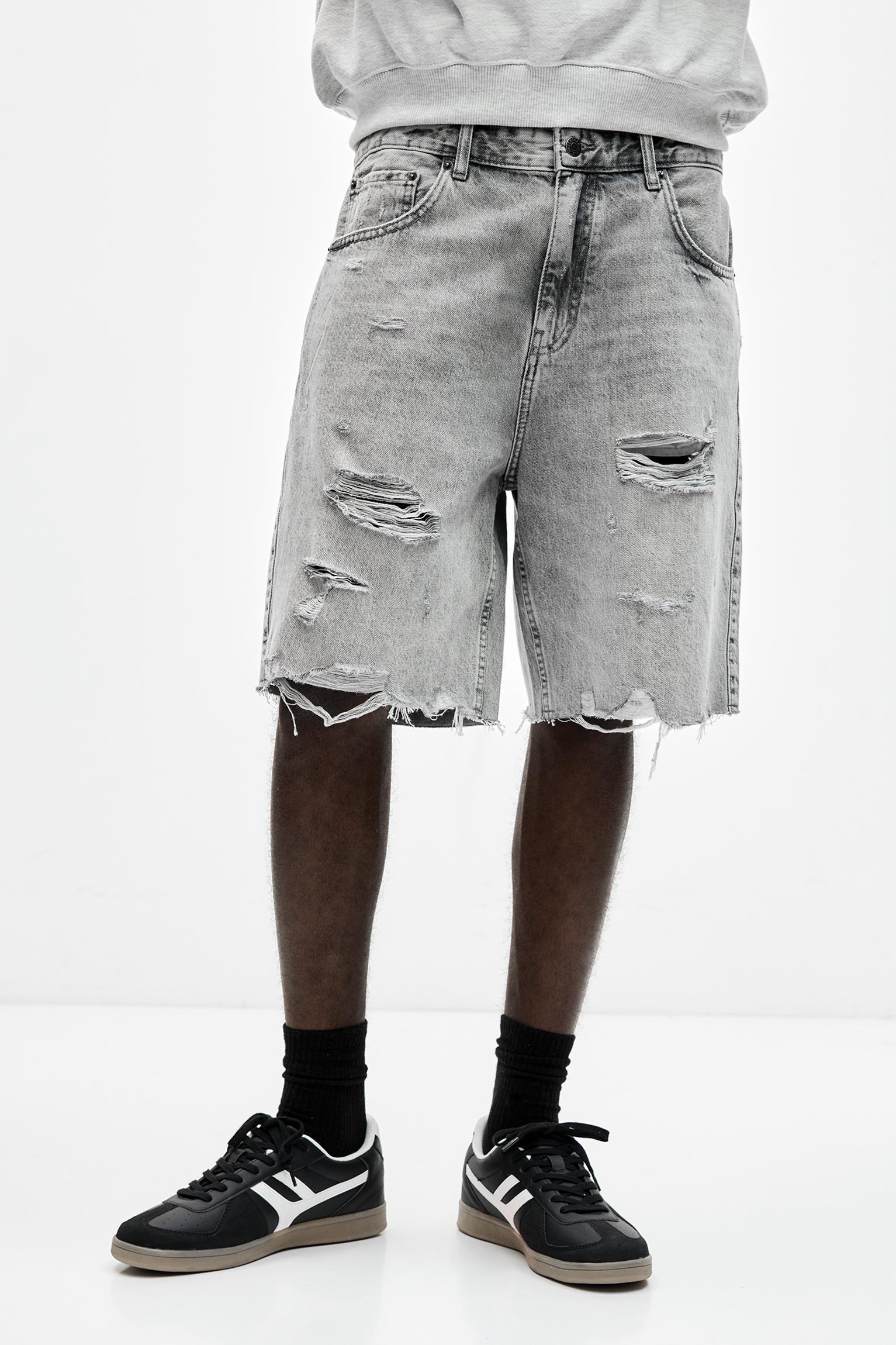 Ripped straight fit denim Bermuda shorts Product Image