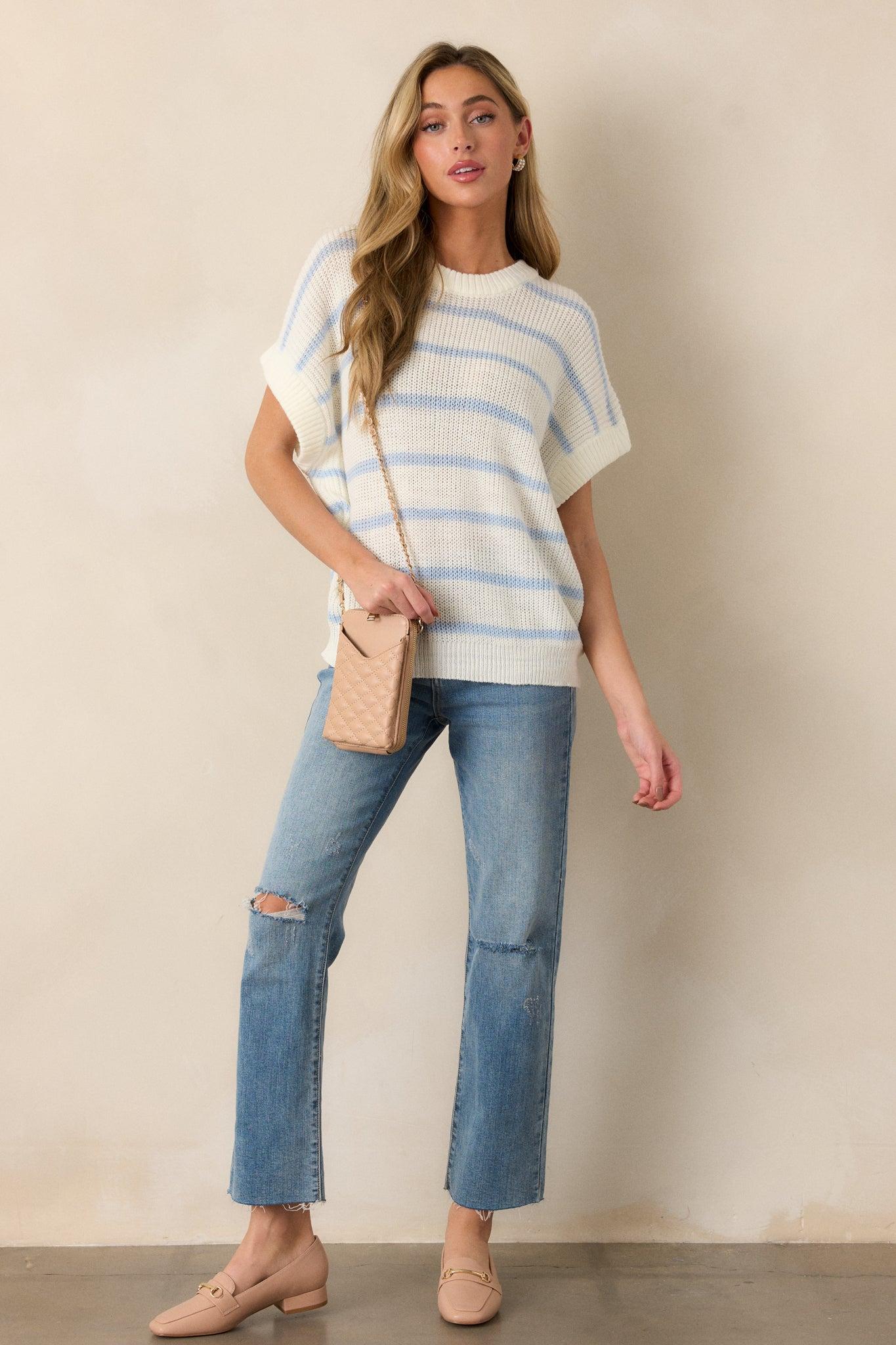 Where You Belong White & Blue Stripe Short Sleeve Sweater Top Product Image