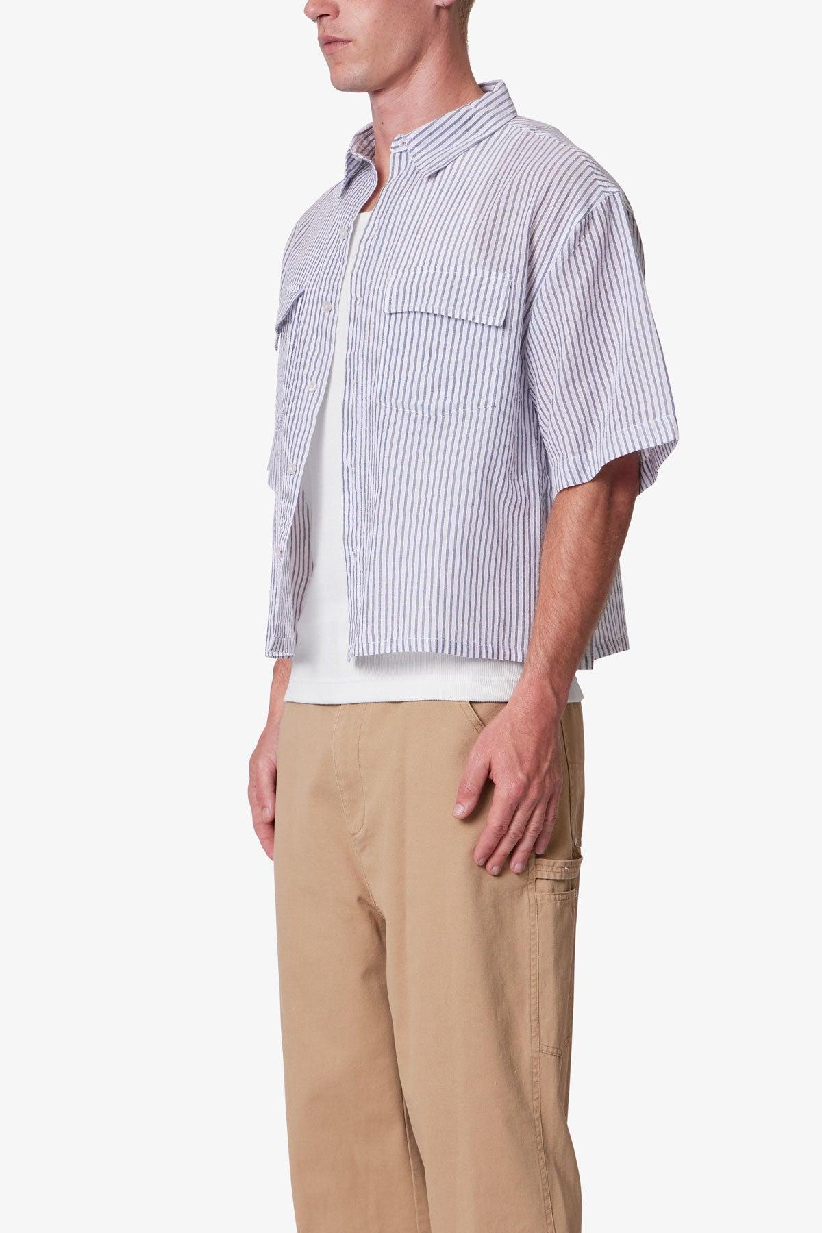 Cropped Boxy Striped S/S Shirt - Blue Product Image