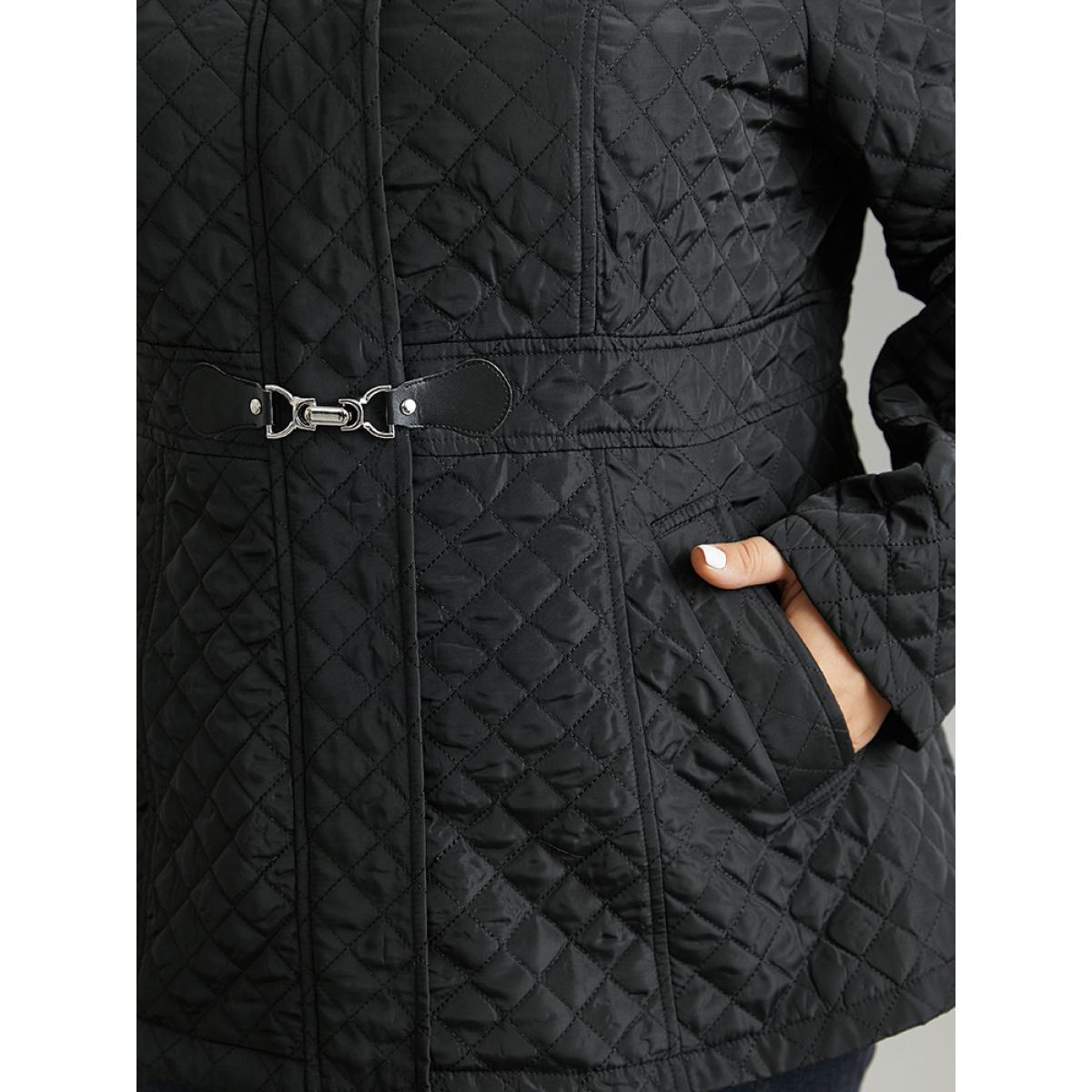 Plus Size Solid Buckle Detail Zipper Quilted Coat Women Black Casual Texture Ladies Everyday Winter Coats BloomChic 18-20/2X Product Image