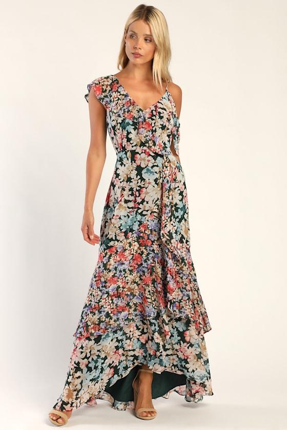 Radiant Hunter Green Floral Print Chiffon Maxi Dress Product Image