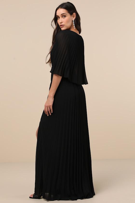 Majestic Aura Black Pleated Cape Maxi Dress Product Image