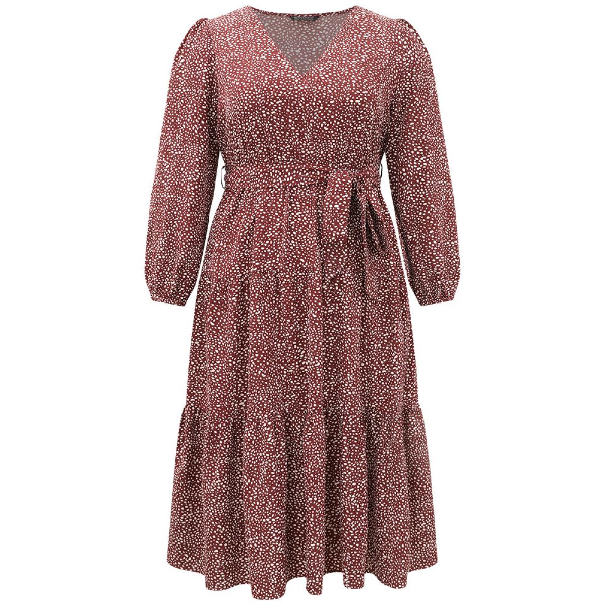 Plus Size Polka Dot Lantern Sleeve Belted Dress Burgundy Women Elegant Elastic cuffs V-neck Long Sleeve Curvy Midi Dress BloomChic 22-24/3X Product Image