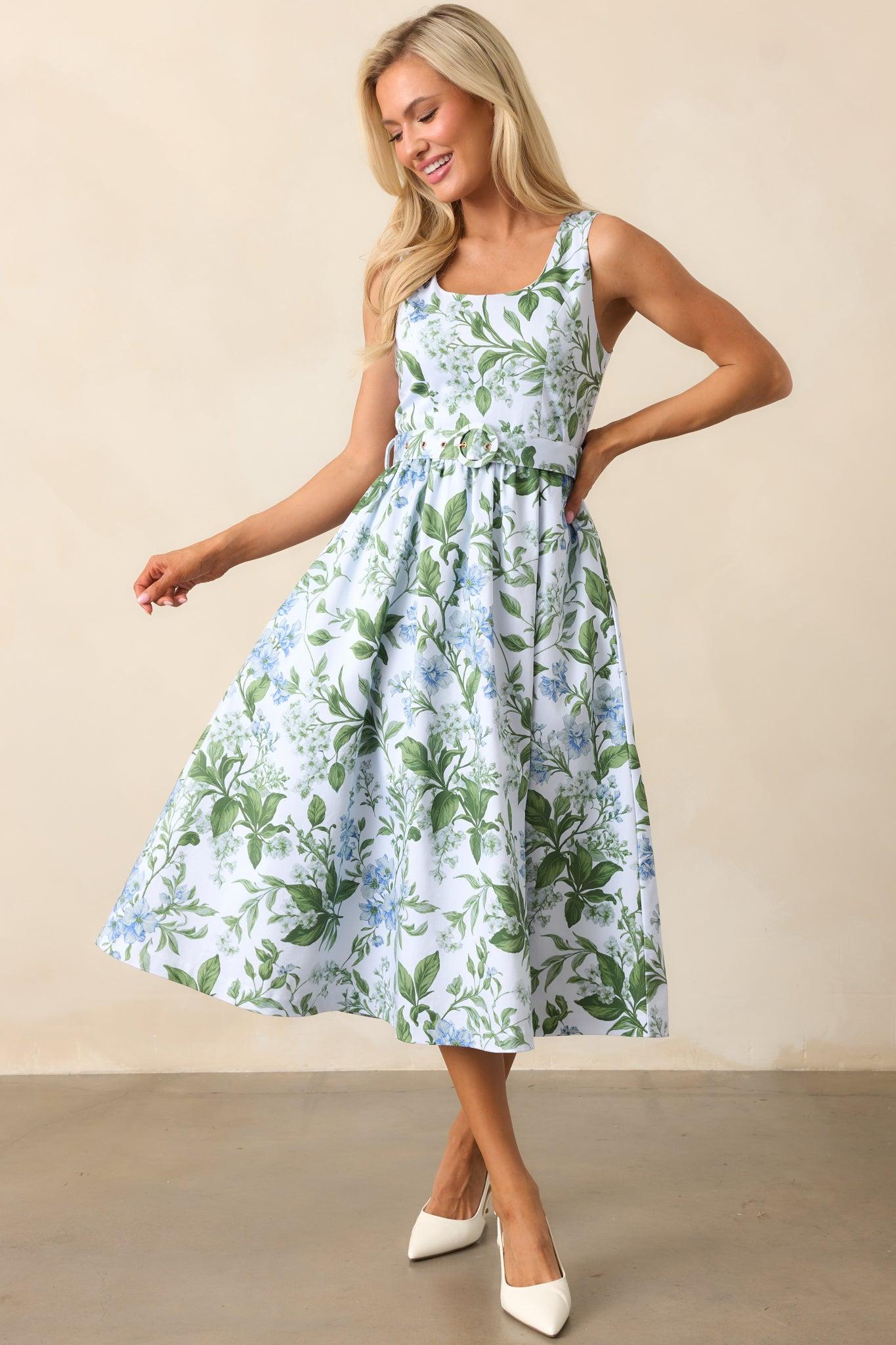 Ava Blue Lilacs Botanical Print Cotton Belted Midi Dress Product Image