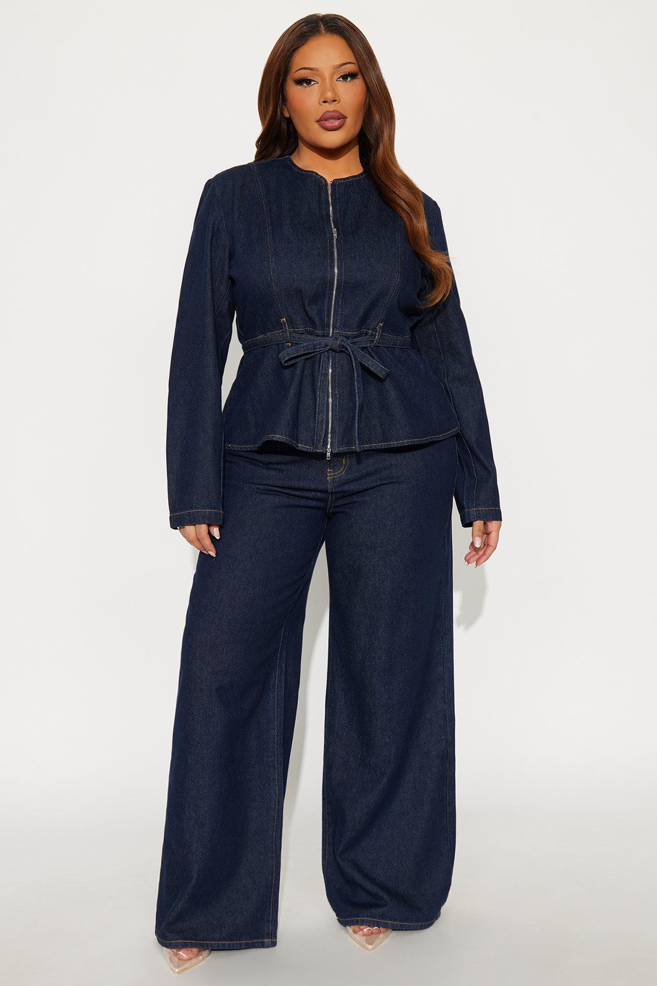 So Chic Denim Wide Leg Pant Set - Dark Wash Female Product Image