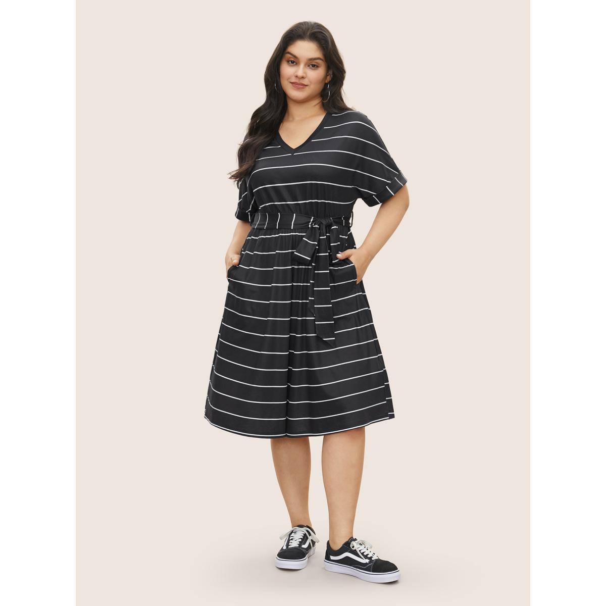 Plus Size Striped Batwing Cuffed Sleeve Belted Dress Black Women Casual Belted V-neck Half Sleeve Curvy Midi Dress BloomChic 10/M Product Image