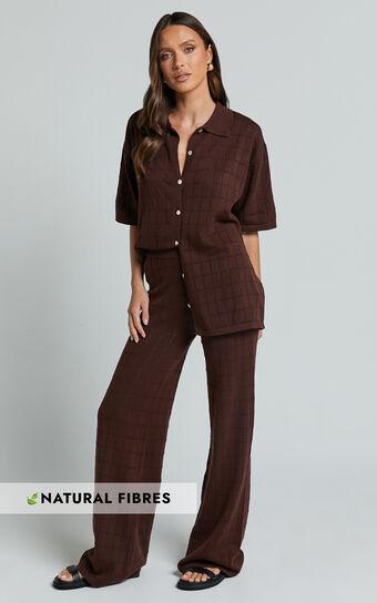 Tommy Two Piece Set - Knit Button Through Top and Pants Two Piece Set in Chocolate Product Image
