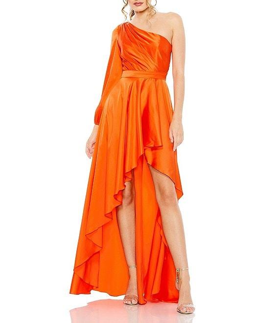 Mac Duggal One Sleeve Satin Ruffle Front Hi Low Dress Product Image