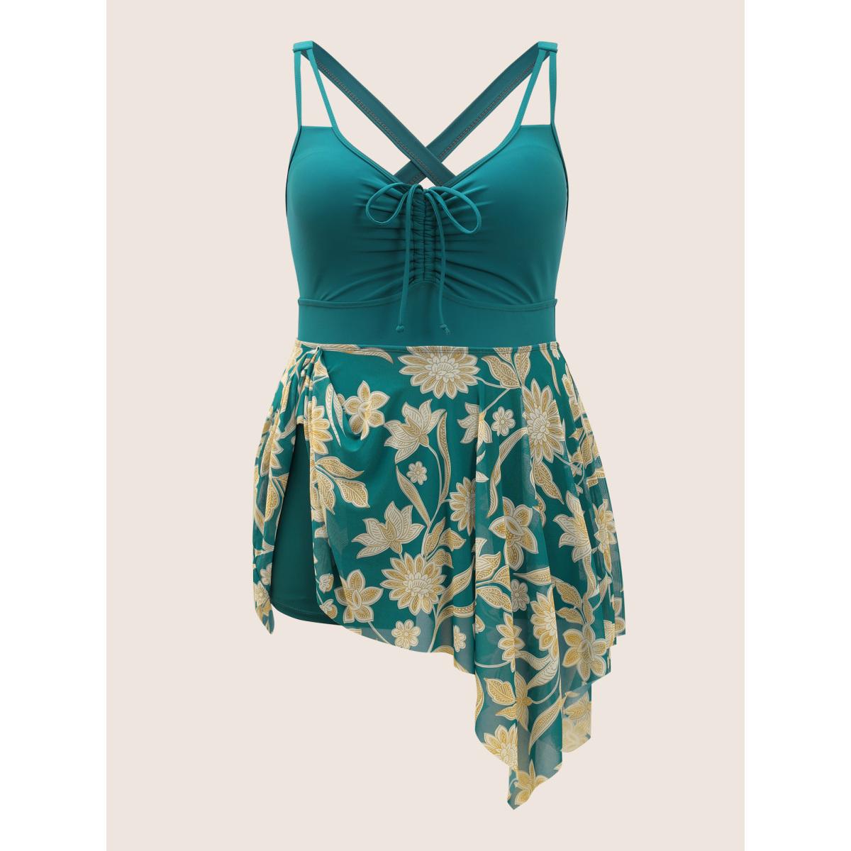 Plus Size Floral Print Patchwork Drawstring Ruched Swim Dress Women's Swimwear Cyan Beach Bodycon U-neck High stretch Curve Swim Dresses BloomChic 22-24/3X Product Image