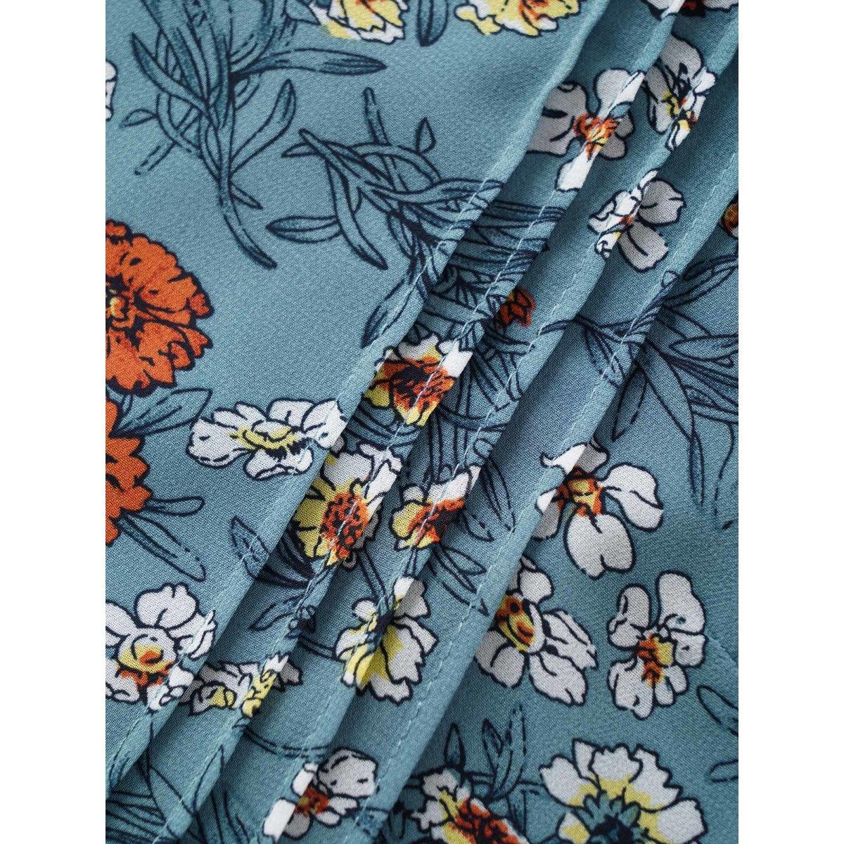 Plus Size Cerulean Floral Tucked Seam Notched Collar Blouse Women Elegant Short sleeve Notched collar Everyday Blouses BloomChic 14-16/1X Product Image