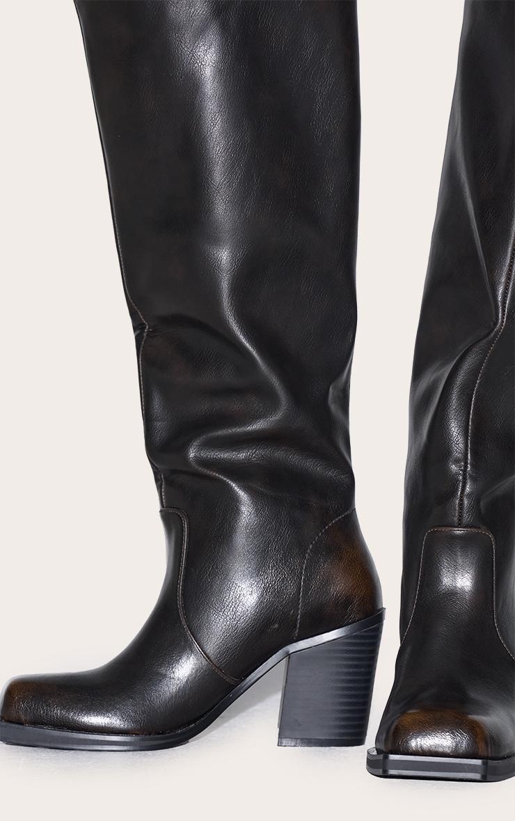 Brown Burnish Pu Square Toe High Block Heel Knee High Boots Product Image