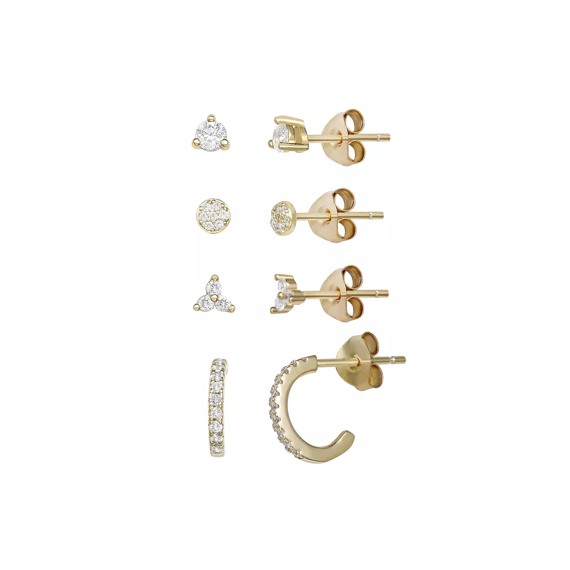 PRIMROSE Sterling Silver 4-Pair Cubic Zirconia Stud & Hoop Earring Set, Women's, Yellow Gold Tone Clear Product Image