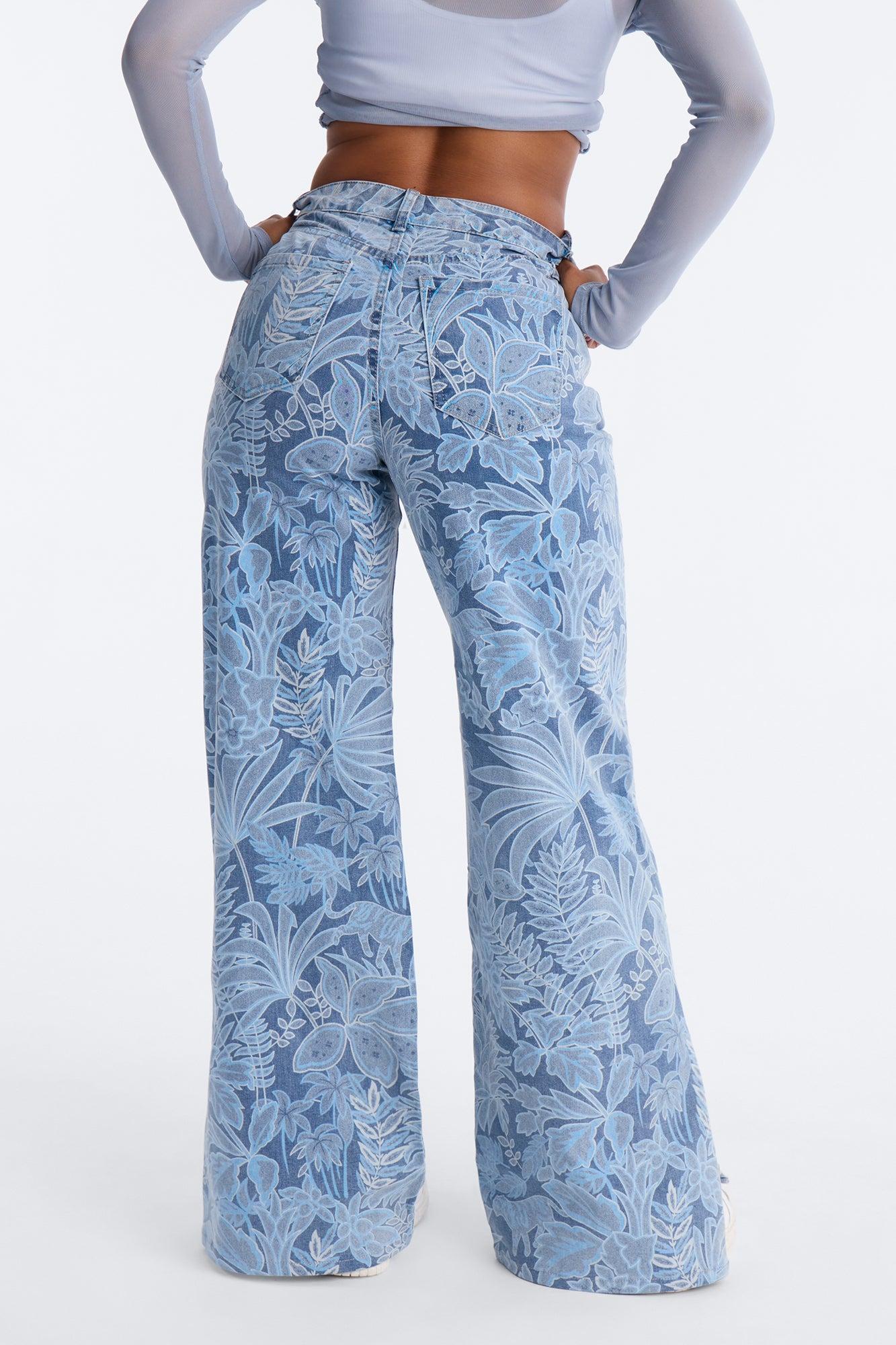 In The Tropics Printed Wide Leg Jeans - Medium Wash Female Product Image