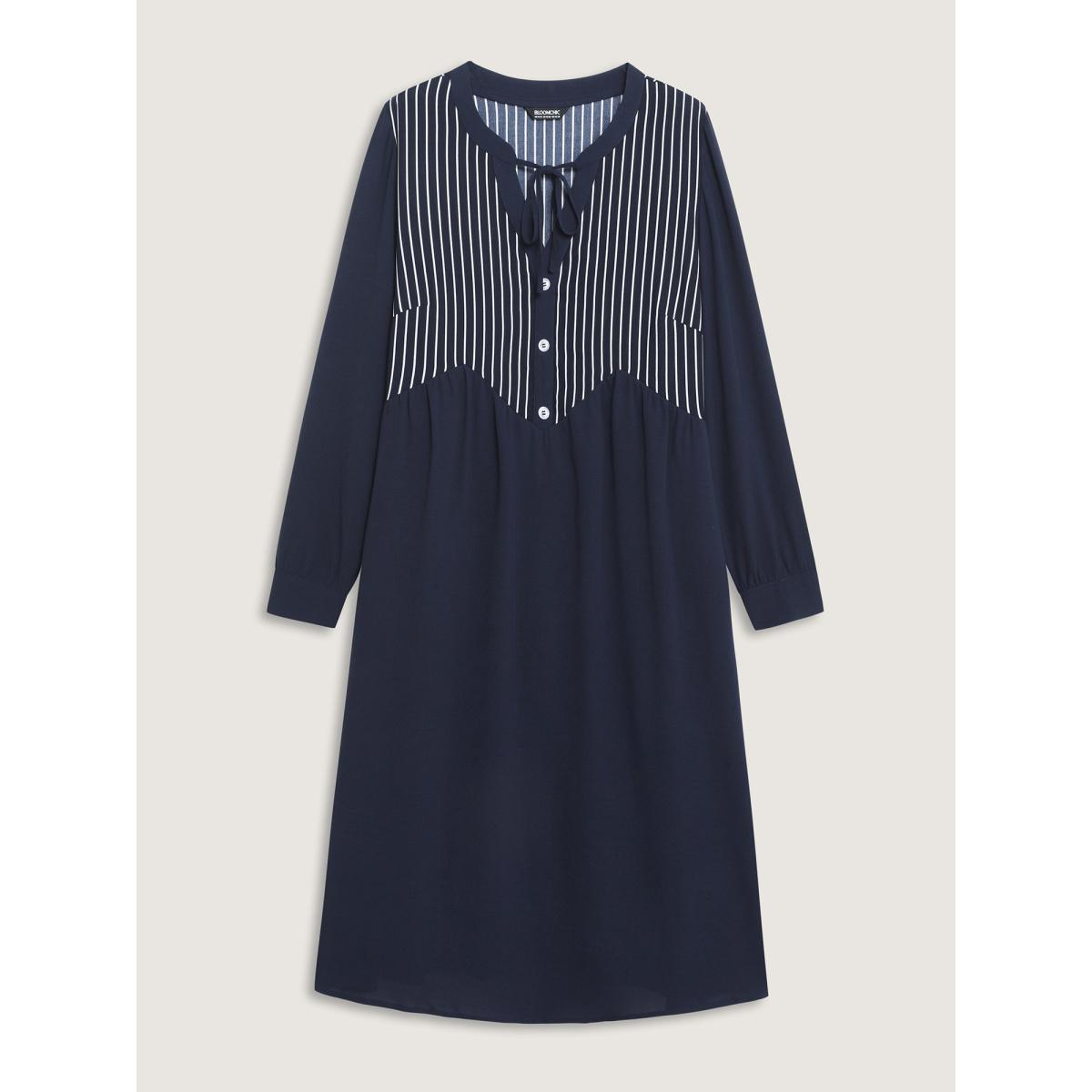 Plus Size Striped Button Detail Stretchy Waist Midi Dress Indigo Women Office Tie knot Flat collar with V-notch Extra Long Sleeve Curvy BloomChic 18-20/2X Product Image