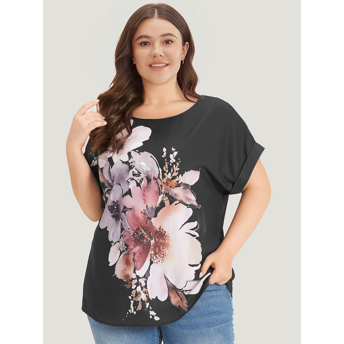 Plus Size Black Floral Print Crew Neck Roll Dolman Sleeve Blouse Women Elegant Short sleeve Round Neck Dailywear Blouses BloomChic 22-24/3X Product Image