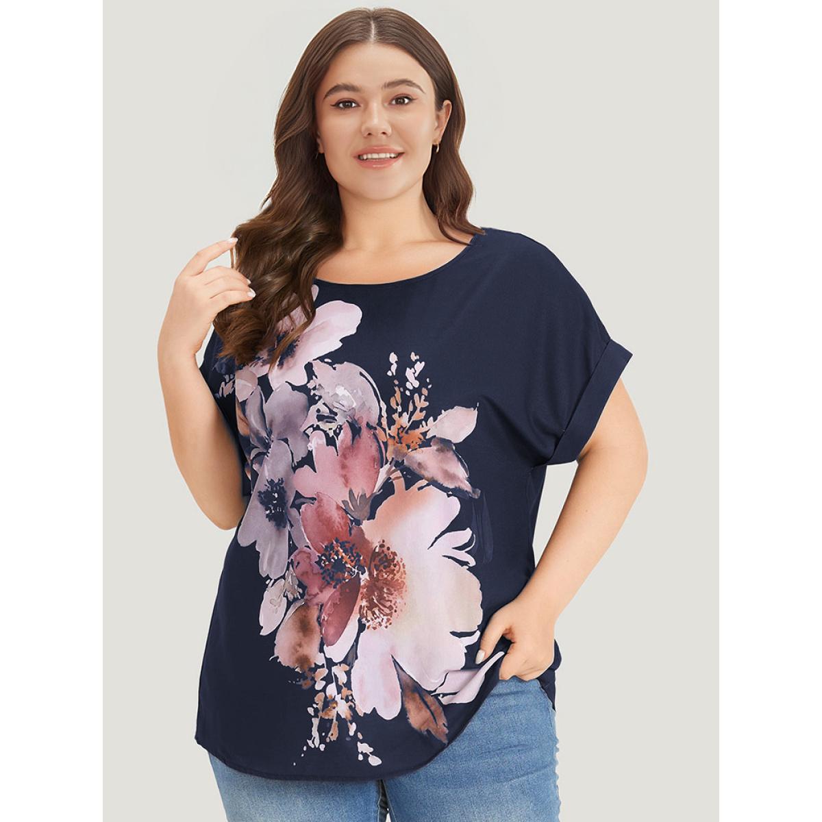 Plus Size Indigo Floral Print Crew Neck Roll Dolman Sleeve Blouse Women Elegant Short sleeve Round Neck Dailywear Blouses BloomChic 14-16/1X Product Image