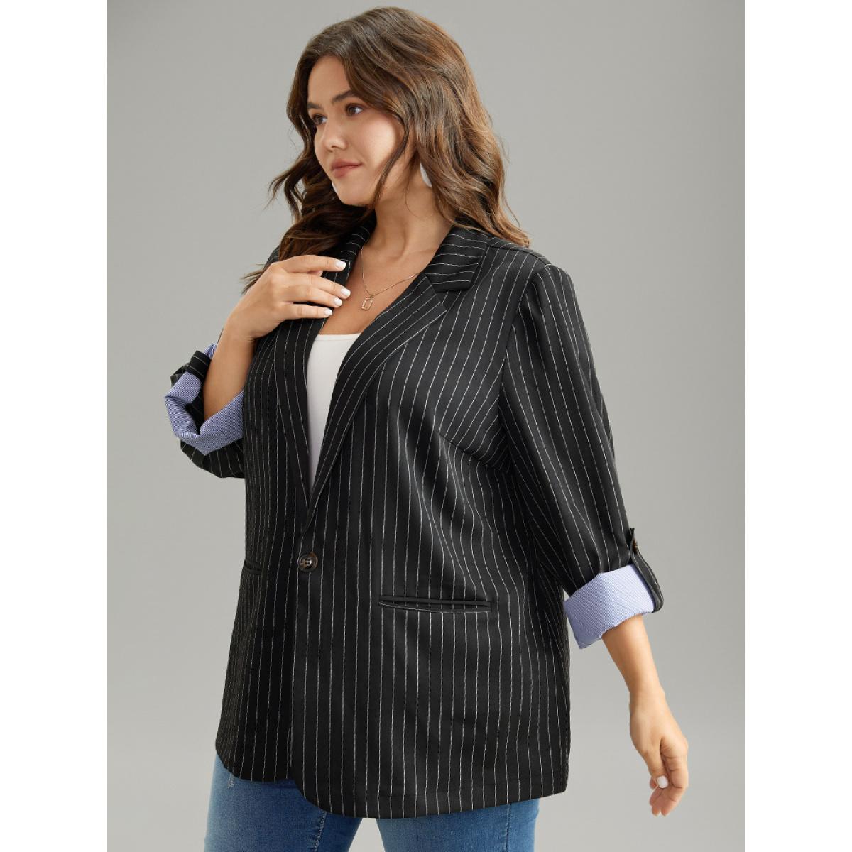 Plus Size Suit Collar Striped Contrast Blazer Black Women Dailywear Striped Contrast Sleeve Long Sleeve Suit Collar 10/M Pocket Casual Blazers BloomChic Product Image