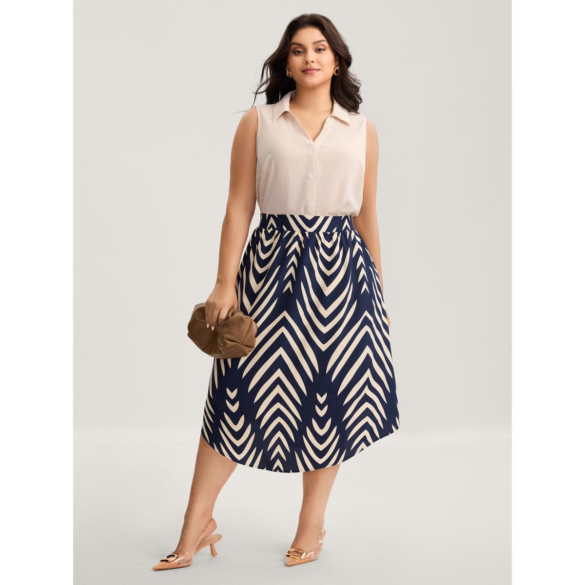 Plus Size Geometric Print High Low Hem Skirt Women Navy Loose No stretch Side seam pocket Work Skirts BloomChic 12/L Product Image