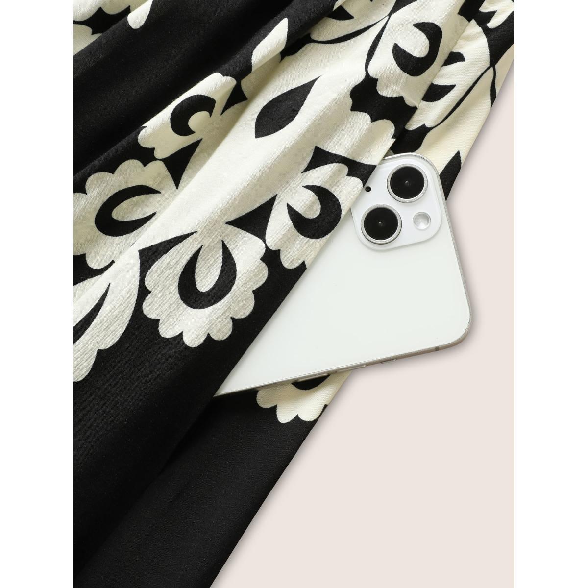 Plus Size Rayon Boho Print Shirred Belted Dress Black Women Resort Belted V-neck Sleeveless Curvy Midi Dress BloomChic 30/6X Product Image