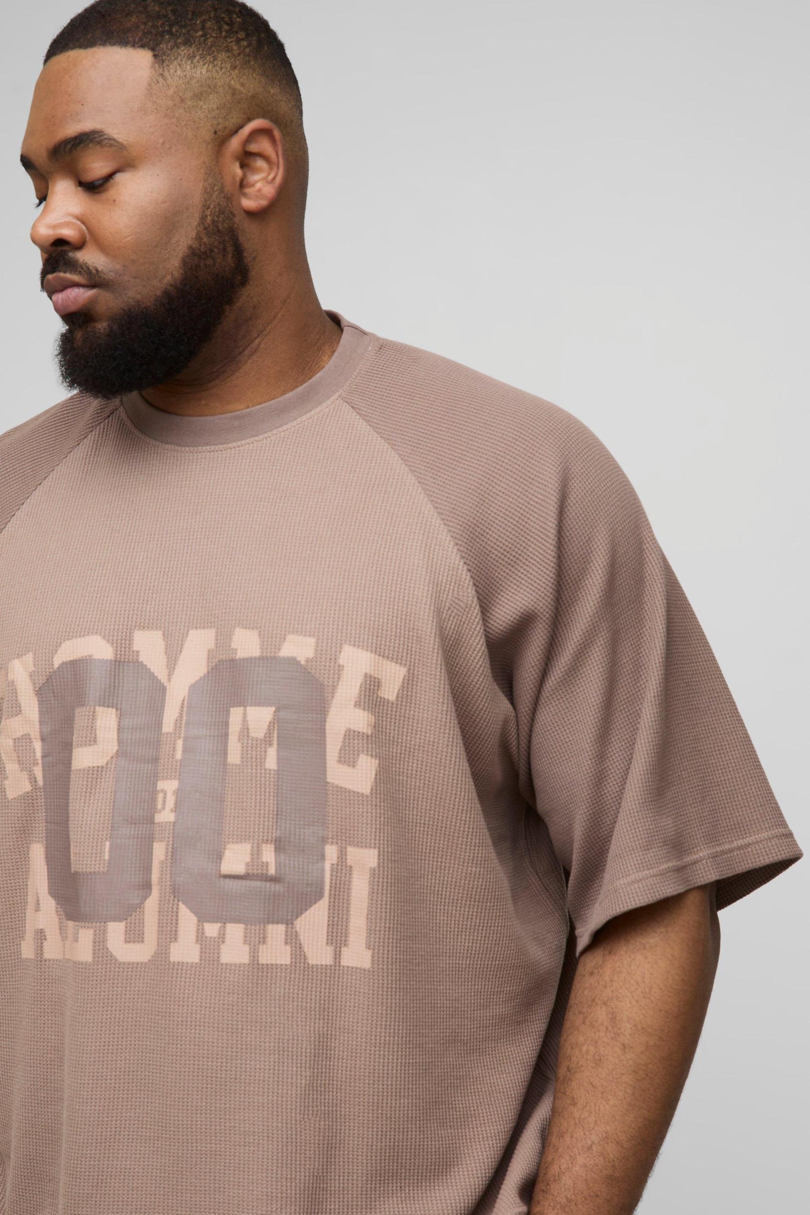 Plus Oversized Boxy Raglan Waffle Graphic T-Shirt | boohooMAN USA Product Image