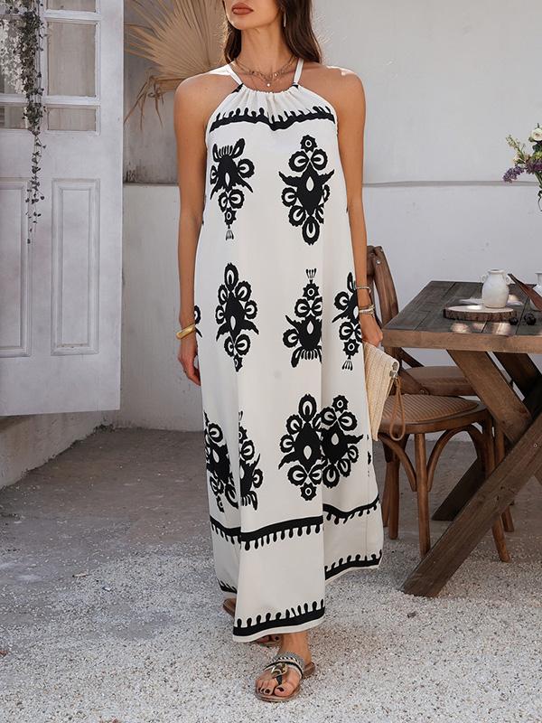 A-Line Loose Contrast Color Halter-Neck Maxi Dresses Product Image