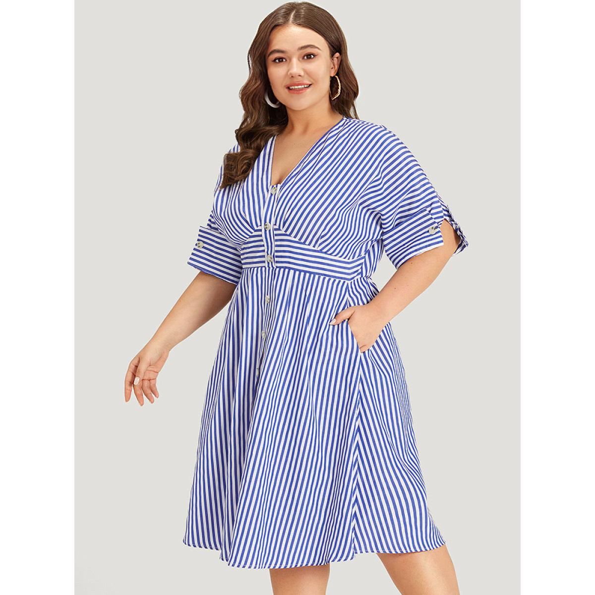 Plus Size V Neck Striped Pocket Ruffle Hem Button Detail Dress Blue Women Elegant Texture V-neck Half Sleeve Curvy Midi Dress BloomChic 18-20/2X Product Image