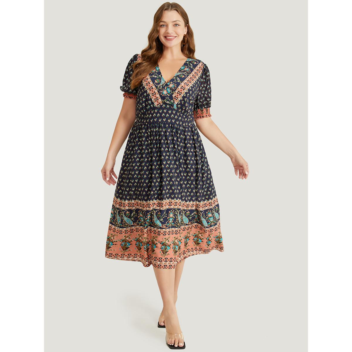 Plus Size Bandana Print Shirred Puff Sleeve Pocket Wrap Empire Waist Dress Indigo Women Vacation Wrap V-neck Short sleeve Curvy Midi Dress BloomChic 28/5X Product Image
