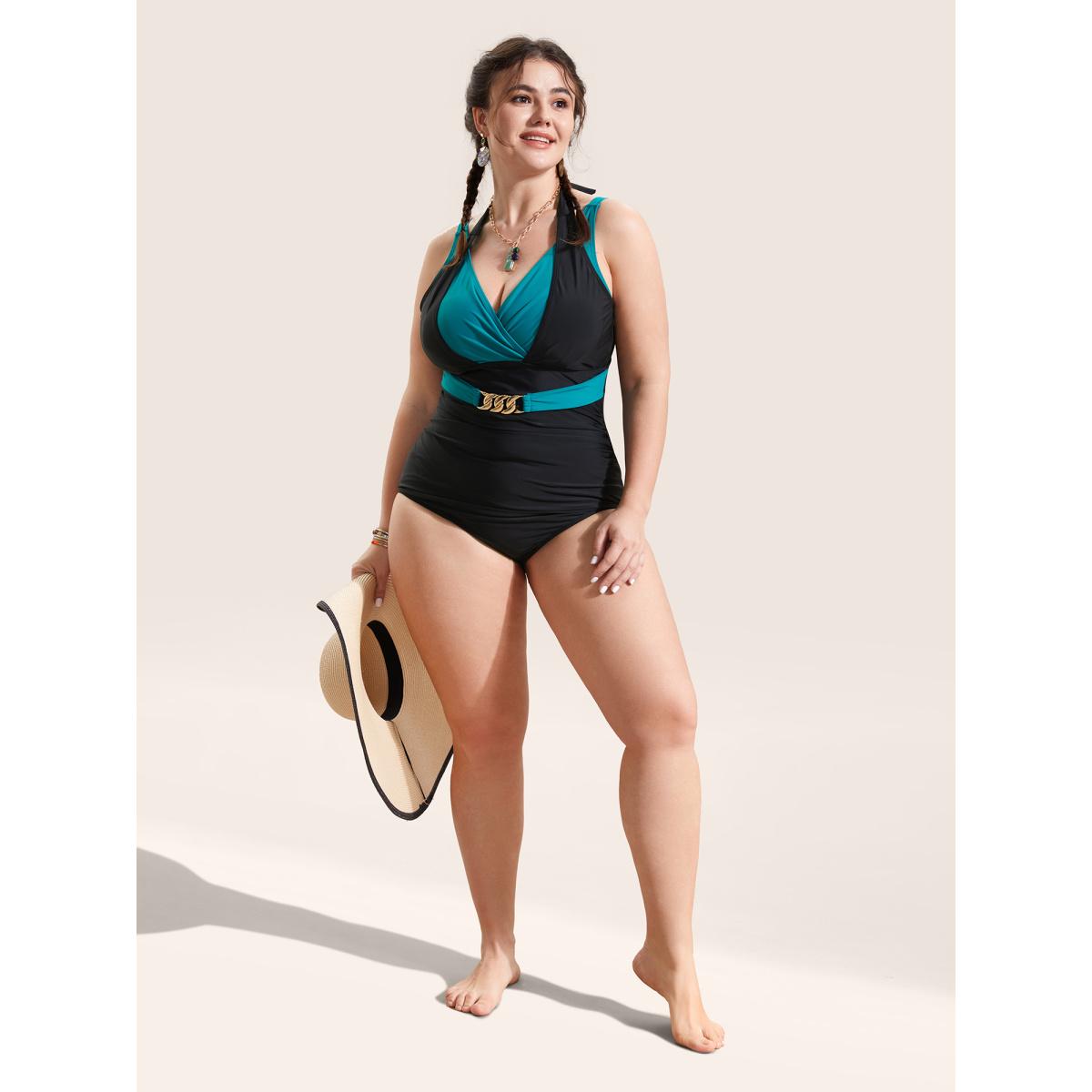 Plus Size Two Tone Metal Chain Detail One Piece Swimsuit Women's Swimwear Teal Beach Gathered Curve Bathing Suits High stretch One Pieces BloomChic 26/4X Product Image