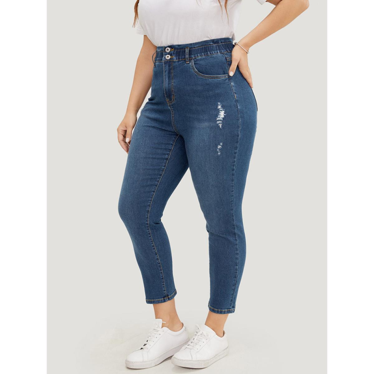 Plus Size Very Stretchy High Rise Medium Wash Ripped Jeans Women Indigo Casual Plain High stretch Pocket Jeans BloomChic 28/5X Product Image