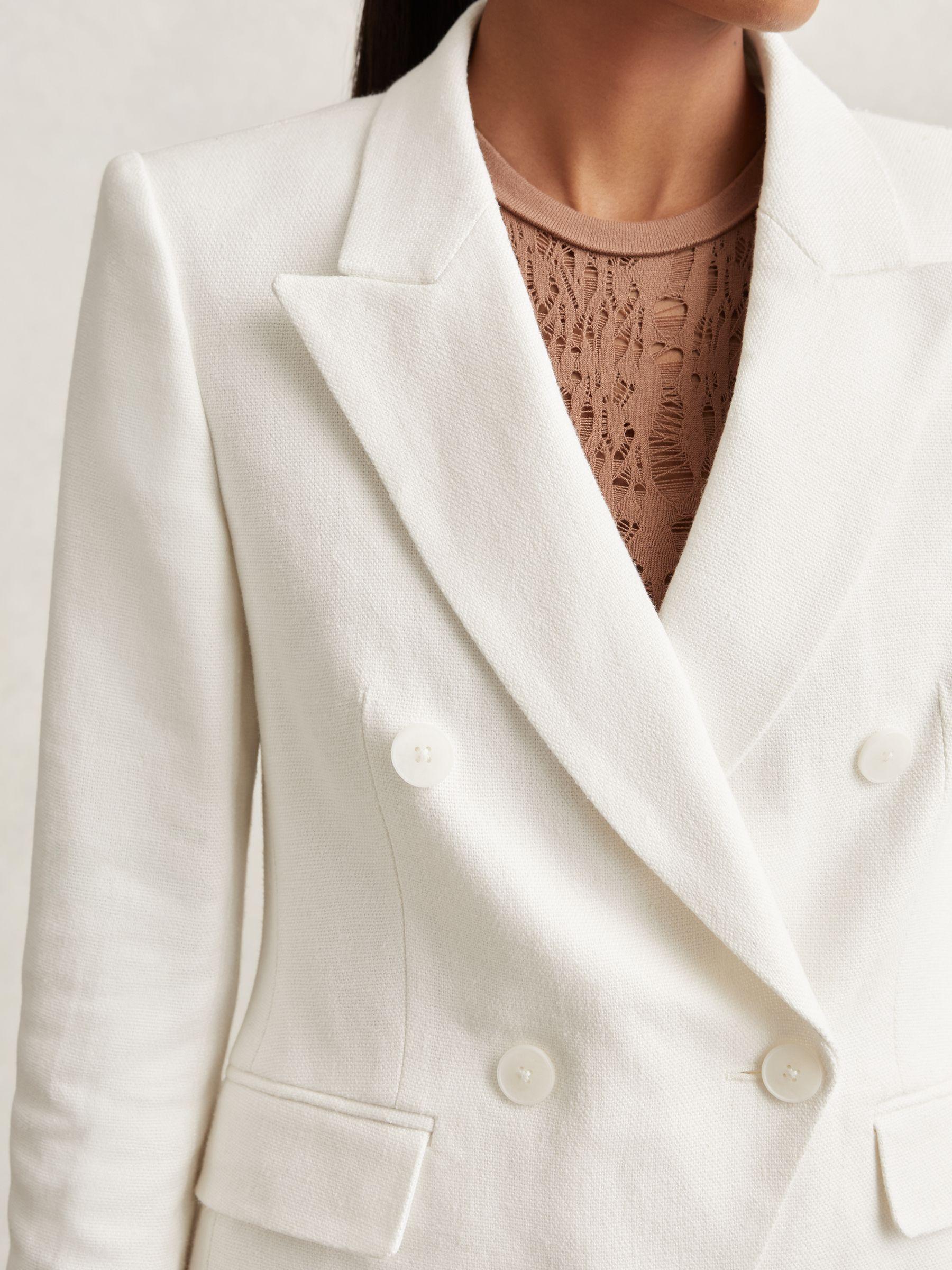 Linen-Blend Double-Breasted Suit Jacket in White Product Image