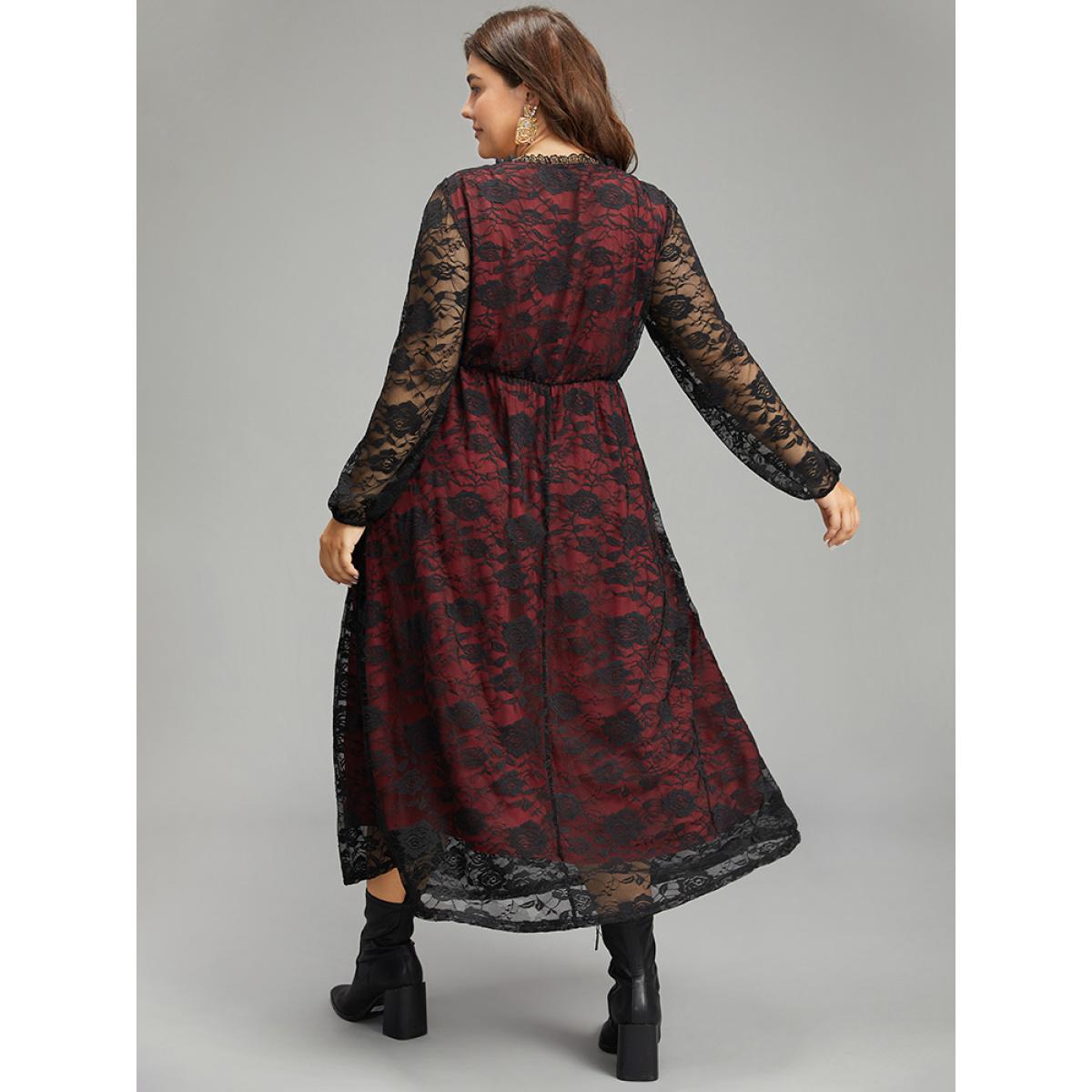 Plus Size Halloween Rose Crochet Lace Mesh Square Neck Dress Black Women Casual See through Square Neck Long Sleeve Curvy Midi Dress BloomChic 18-20/2X Product Image