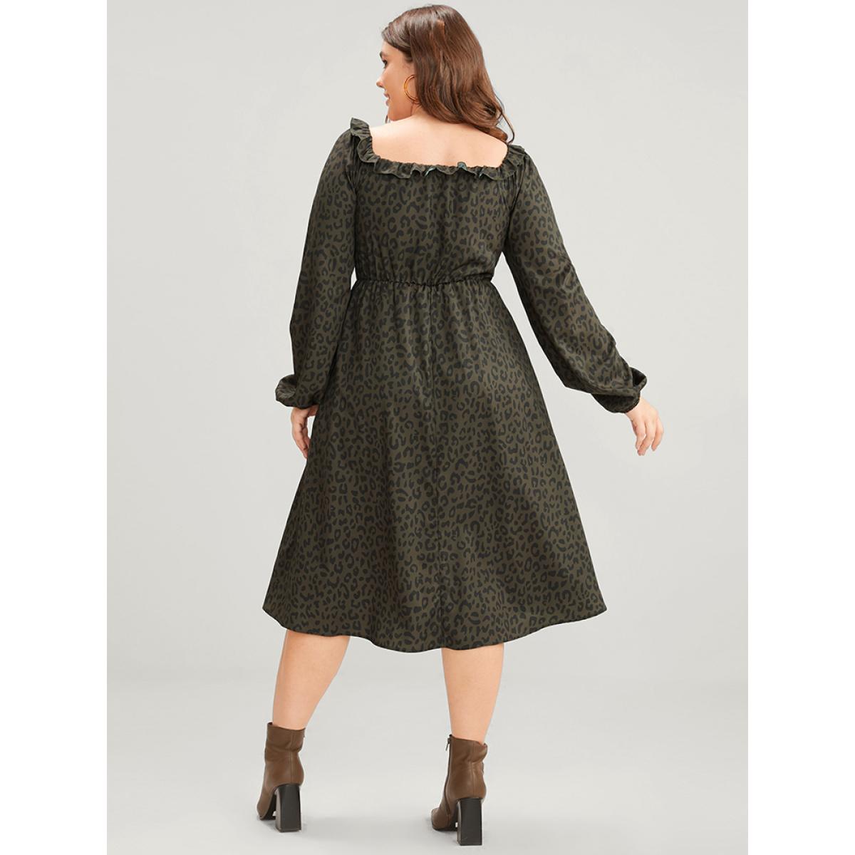 Plus Size Leopard Print Square Neck Pocket Puff Sleeve Midi Dress ArmyGreen Women Elegant Square Neck Long Sleeve Curvy Midi Dress BloomChic 18-20/2X Product Image