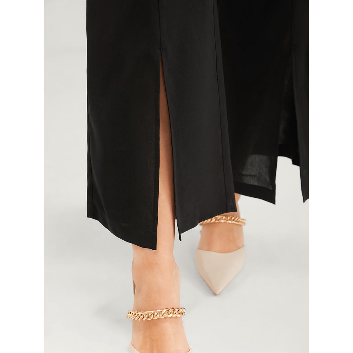 Plus Size Solid Pocket Elastic Waist Front Split Hem Pants Women Black Elegant Mid Rise Dailywear Pants BloomChic 12/L Product Image