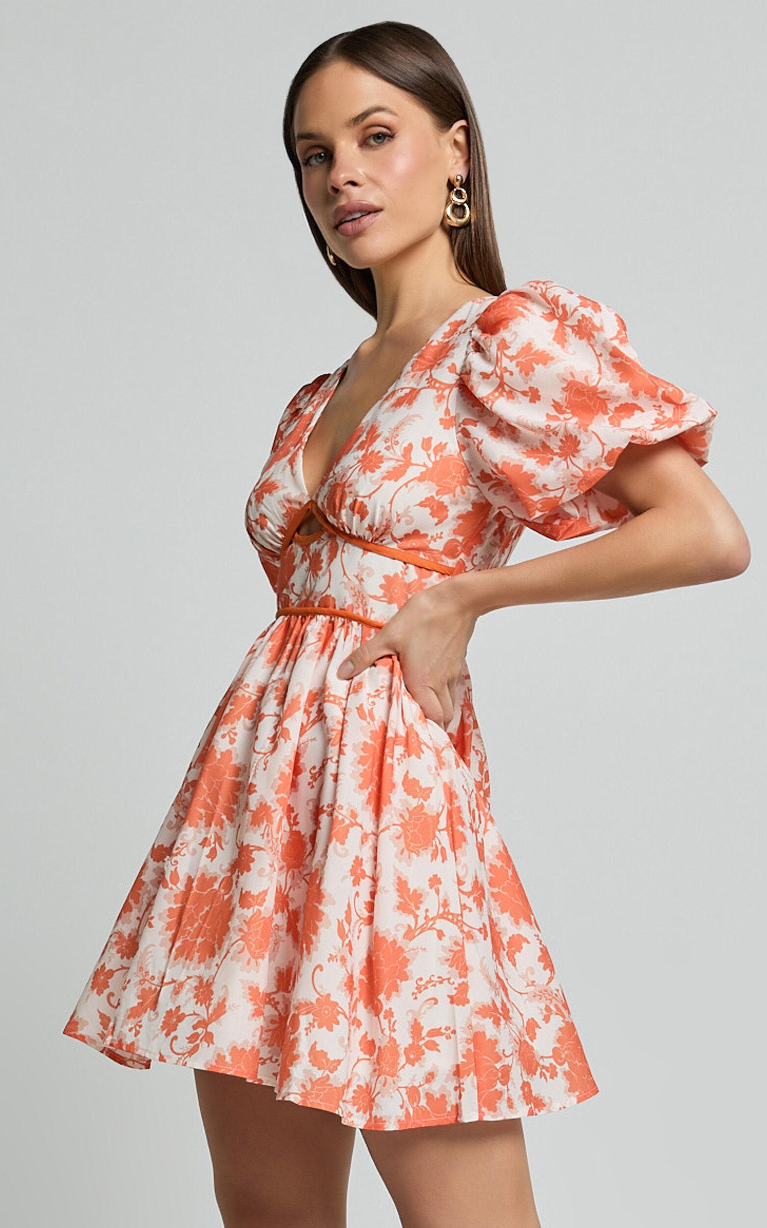 Natalia Mini Dress - Puff Sleeve Cut Out Dress in Orange Floral Product Image