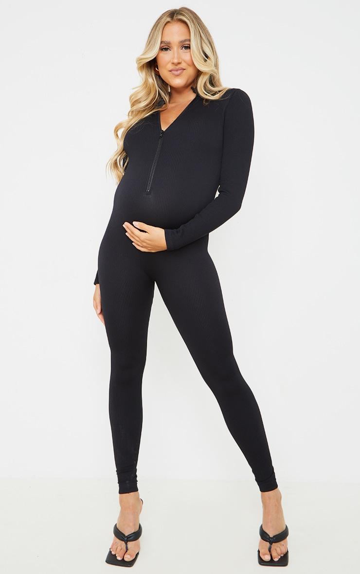 Maternity Black Snatched Ribbed Jumpsuit Product Image