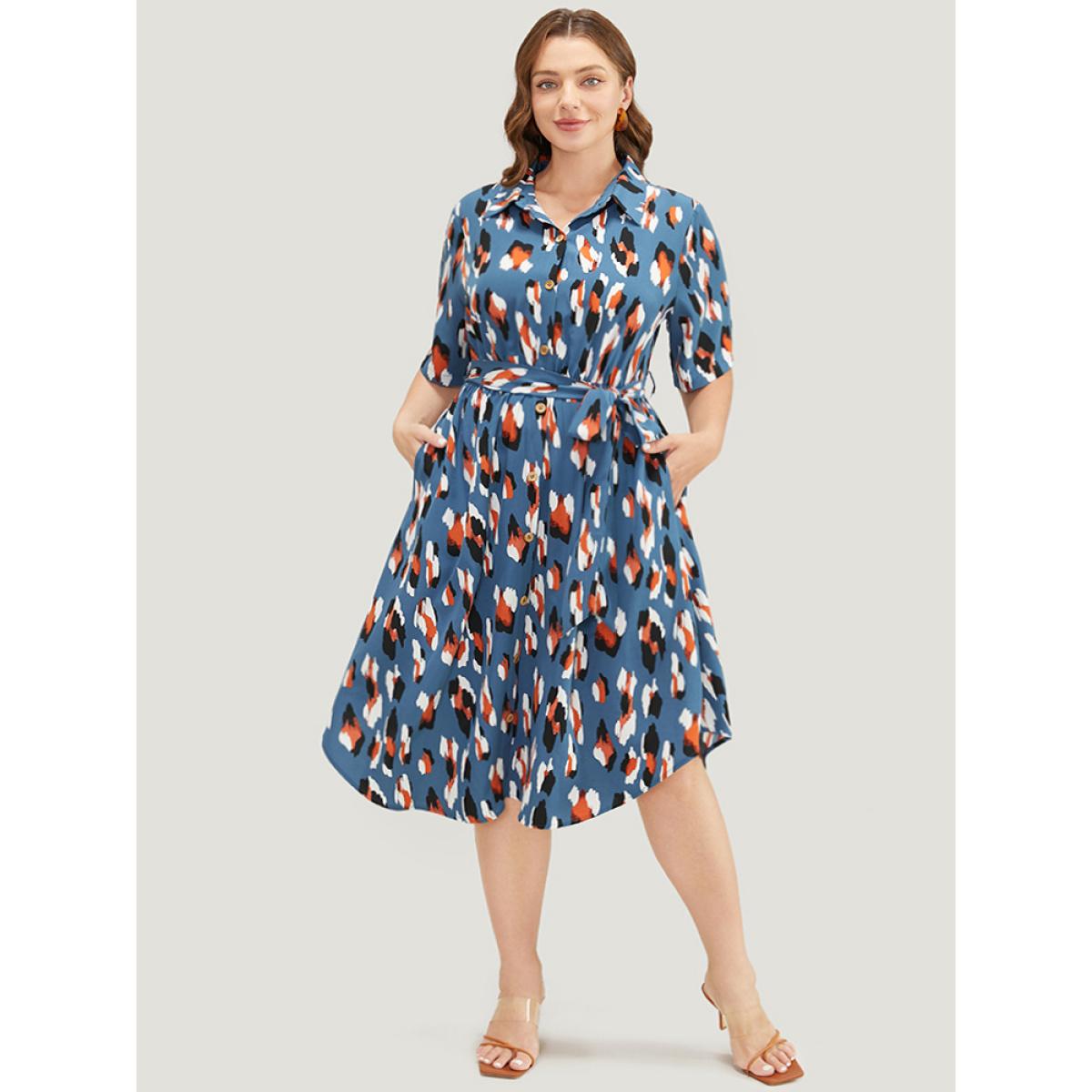 Plus Size Allover Print Button Detail Pocket Belted Arc Hem Dress Stone Women Office Cross straps Shirt collar Short sleeve Curvy Midi Dress BloomChic 10/M Product Image