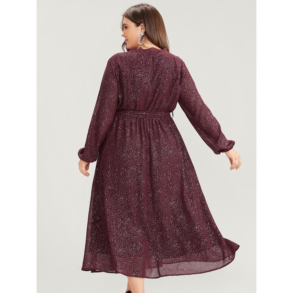 Plus Size Polka Dot Wrap Lace Trim Lantern Sleeve Pocket Belted Dress Burgundy Women Party Pocket V-neck Long Sleeve Curvy Midi Dress BloomChic 22-24/3X Product Image