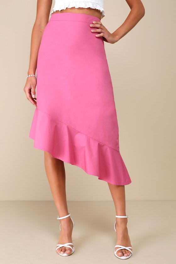 Sweet Destiny Pink Asymmetrical Ruffled Midi Skirt Product Image